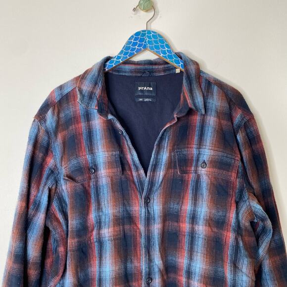 PRANA Mens Glover Park Blue Red Plaid Lined Flannel Shacket Size Large - Picture 3 of 9